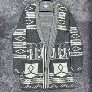 Rebecca Elliot Women’s Cardigan Sweater Small Gray White Aztec Tribal Open Front